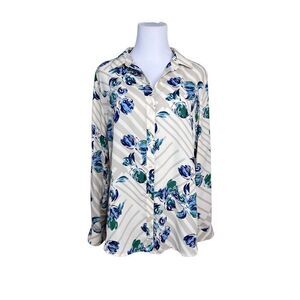 Banana Republic Blue Cream Lattice Floral Print Collar Classic Fit Blouse MEDIUM